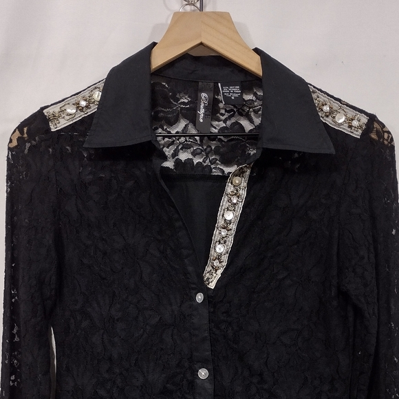 BKE Lace Floral Embellished Button Shirt Womens S Black Silver Boho Retro 90s - Picture 2 of 7
